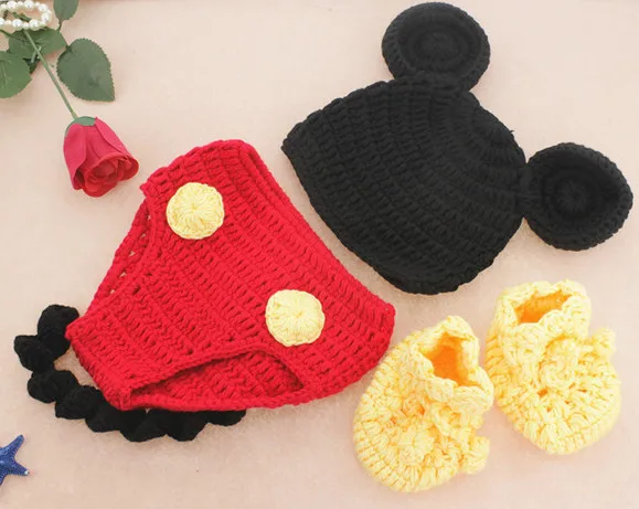 

Newborn Photography Clothing Mickey Crochet Hat+Pants+Shoes 3Pcs/set Baby Boy Photo Props Accessories Infant Shoot Knit Costume