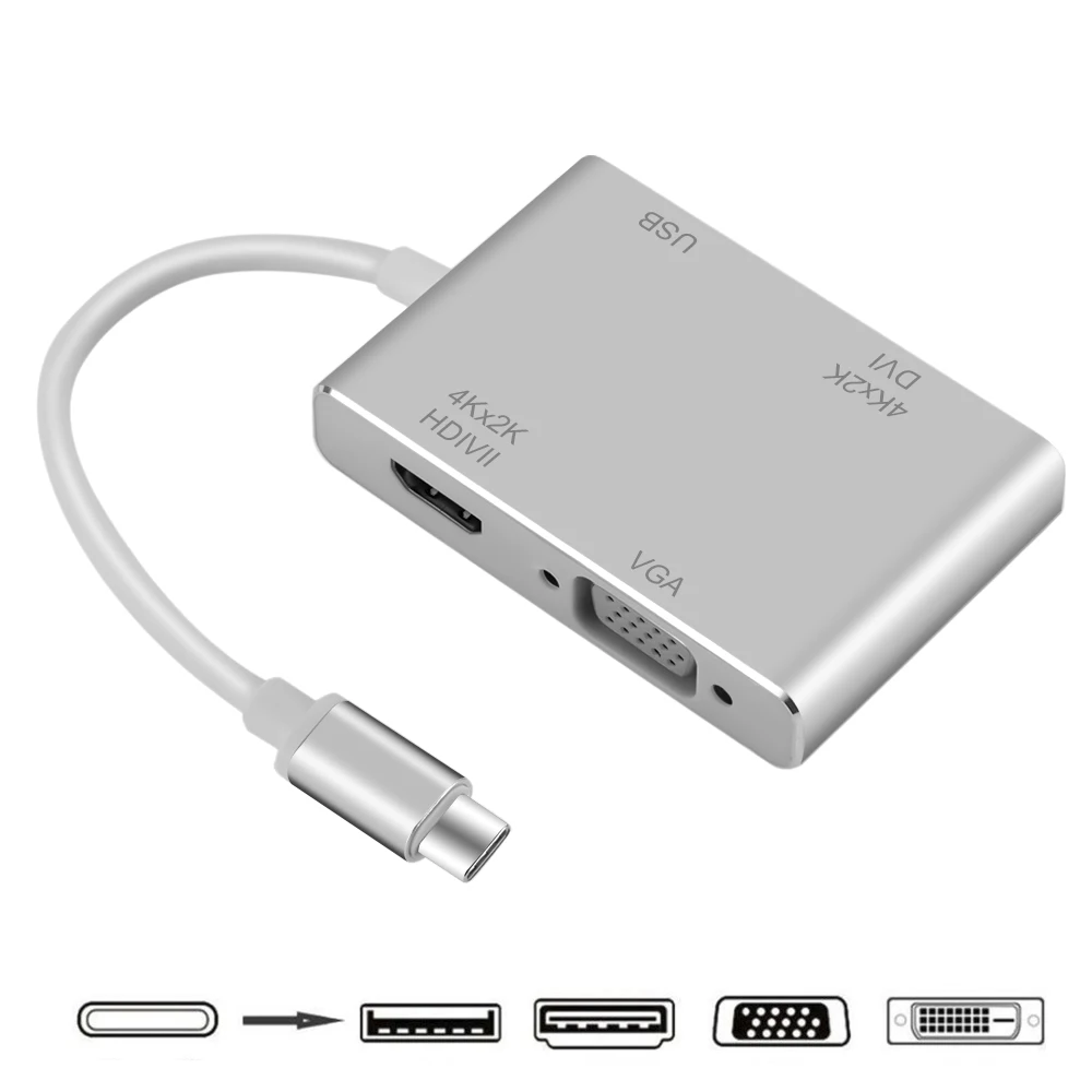 Тип C HUB разветвитель 4 в 1 к совместимому с HDMI VGA DVI USB 3 0 адаптер для ноутбуков Apple
