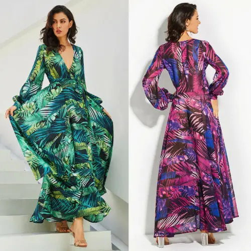 2019 Women Boho V-neck Prentde Long Dress Seaxy Cocktail Party Summer Beach Sundress | Женская одежда