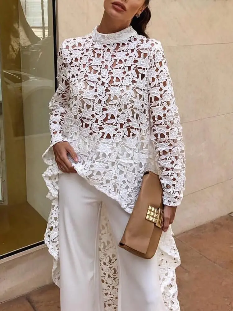 

2019 Fashion New Solid Hollow Sexy Summer Women Shirt Irregular Round Neck Full Sleeve Trendy Clothes Blouse R069