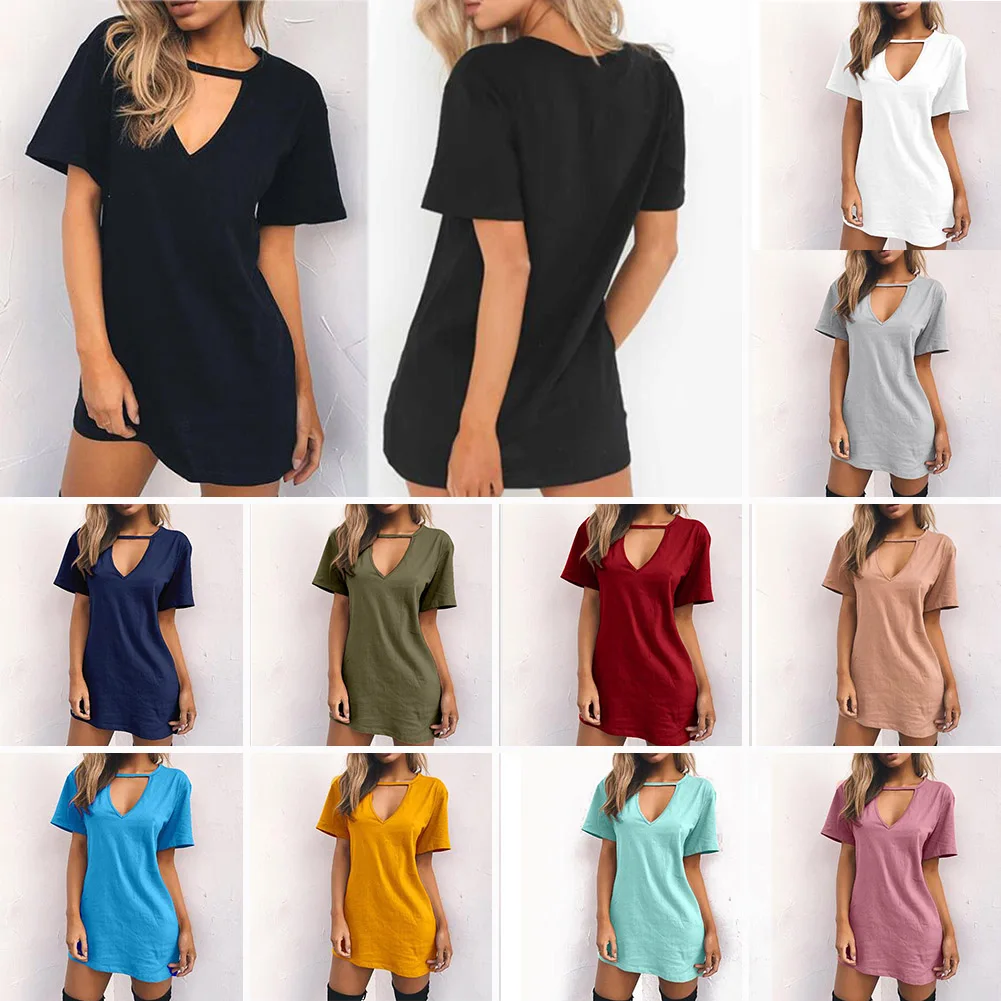 Женское платье футболка летнее с v образным вырезом и коротким рукавом свободное
