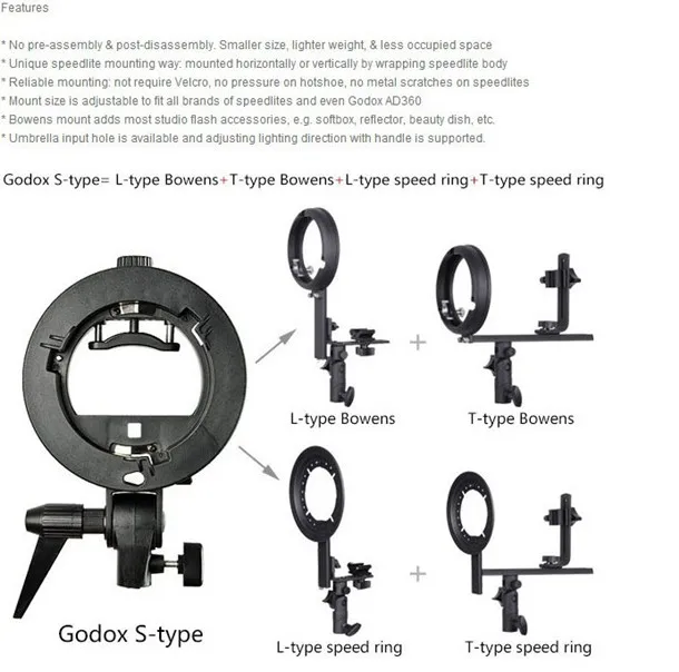 S-образный кронштейн Bowens S Mount Holder Fit T+ L speed кольцевой софтбокс speed lite