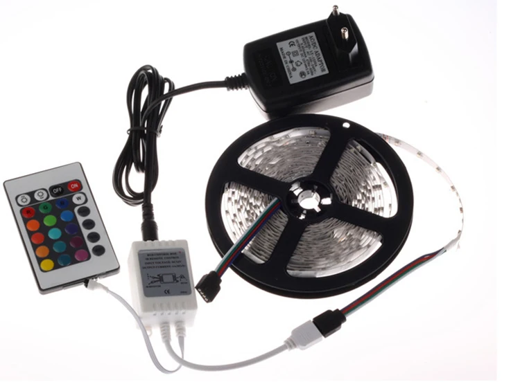 Цветная(RGB) Светодиодные ленты 5 м 300 светодиодный 3528 SMD Водонепроницаемый 24Key ИК-пульт дистанционного управления 12V 2A Мощность адаптер гибкий светильник светодиодный ленты лампы
