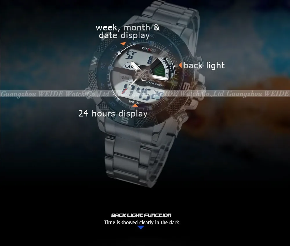WEIDE цифровой дисплей мужские спортивные часы Роскошные бизнес военный ремешок из нержавеющей стали Кварцевые наручные часы Relogio Masculino