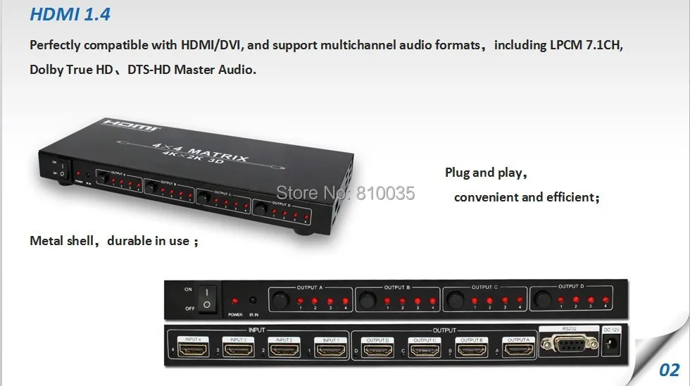 Высокопроизводительная HDMI матрица 4X4 HDMI1.4V 3D, 4k X 2K разрешения, RS232 с пультом дистанционного управления в розничной упаковке