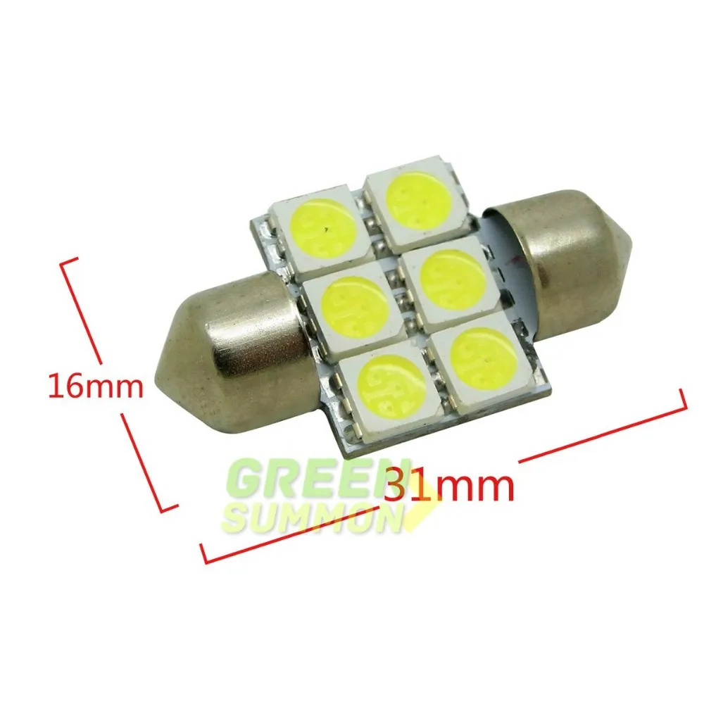 10 шт./лот 31 мм 6 5050 SMD светодиодный теплый белый и белый гирлянда Купол Карта перчатка коробка багажник замена лампочки