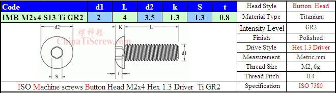 Титановый винт M2X4 ISO 7380 с шестигранной головкой 1,3 отвертка Ti GR2 полированная 50 шт