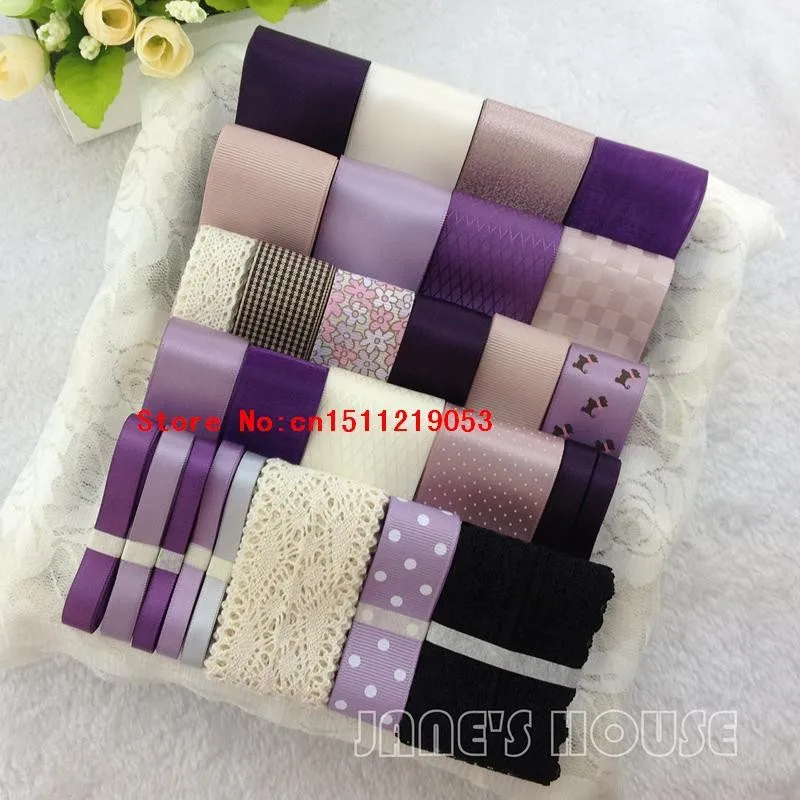 28 ярдов 28 разные стили Фиолетовый DIY шпилька для волос аксессуары сатин/grosgrain/хлопок кружева печатных наборы лент