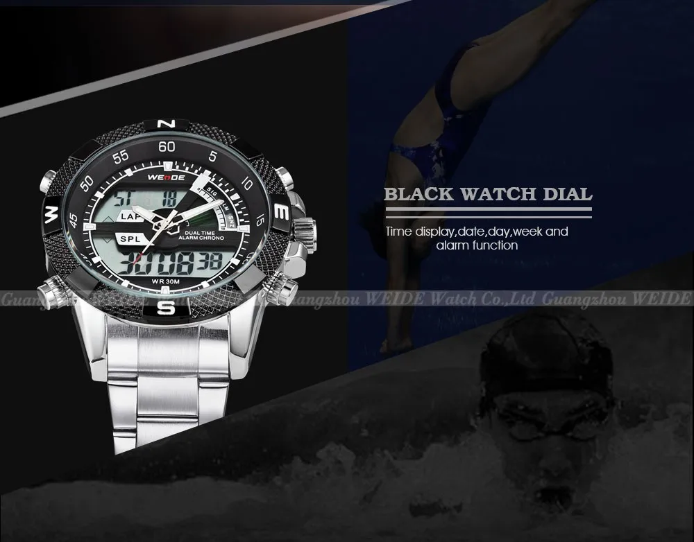 WEIDE цифровой дисплей мужские спортивные часы Роскошные бизнес военный ремешок из нержавеющей стали Кварцевые наручные часы Relogio Masculino