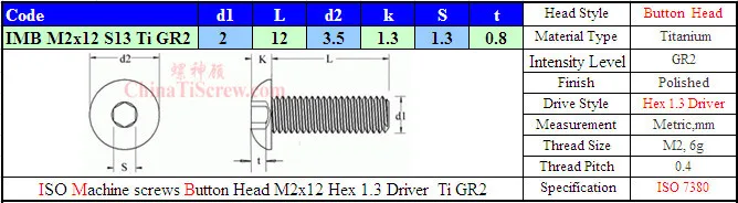 Титановый винт M2x12 ISO 7380 головка кнопки Шестигранная 1,3 драйвер Ti GR2 полированная 50 шт