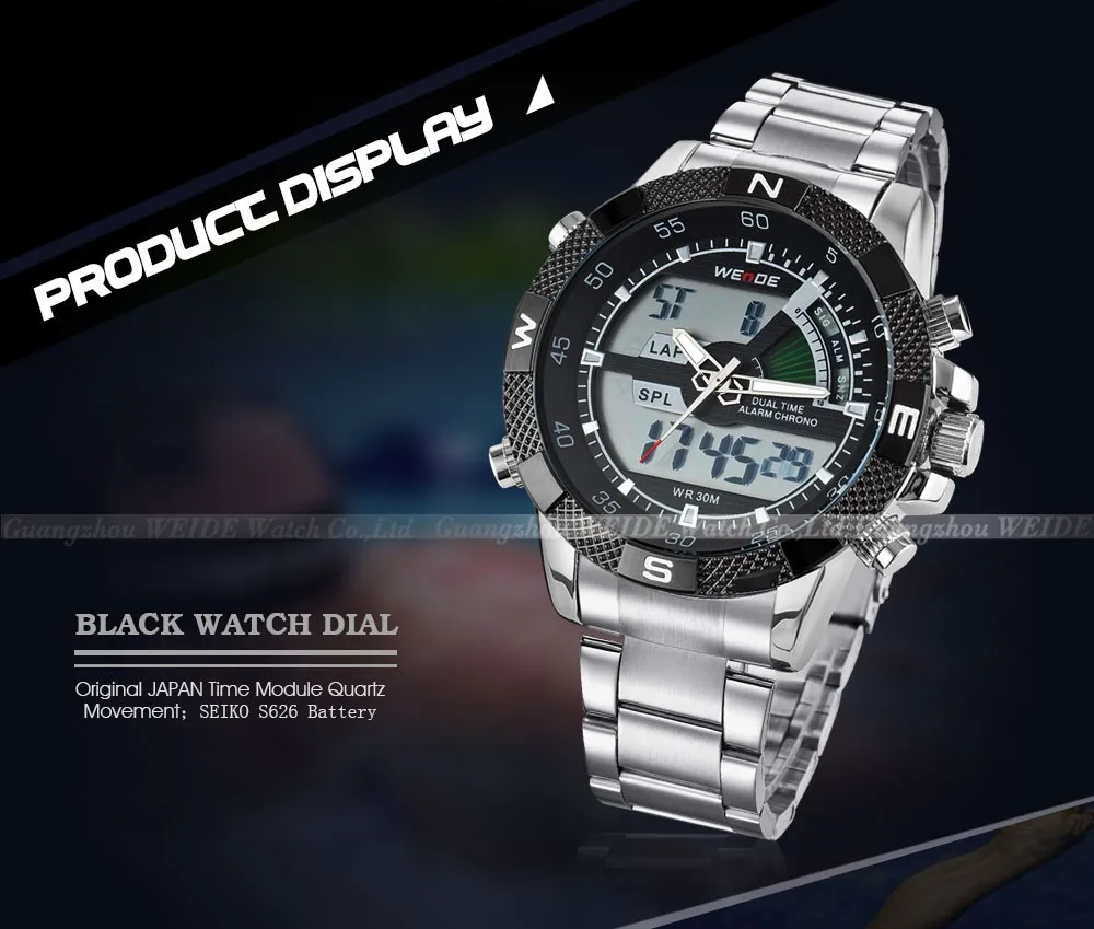 WEIDE цифровой дисплей мужские спортивные часы Роскошные бизнес военный ремешок из нержавеющей стали Кварцевые наручные часы Relogio Masculino
