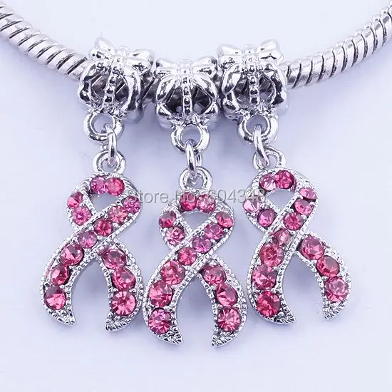 20 штук Роза Кристалл Rhinestone лента рака молочной железы старинное серебро Европейский большой Hole качает шарики Подвески для браслетов