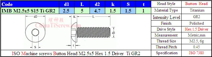Титановый винт M2.5x5 ISO 7380 с шестигранной головкой 1,5 отвертки Ti GR2 полированный 50 шт
