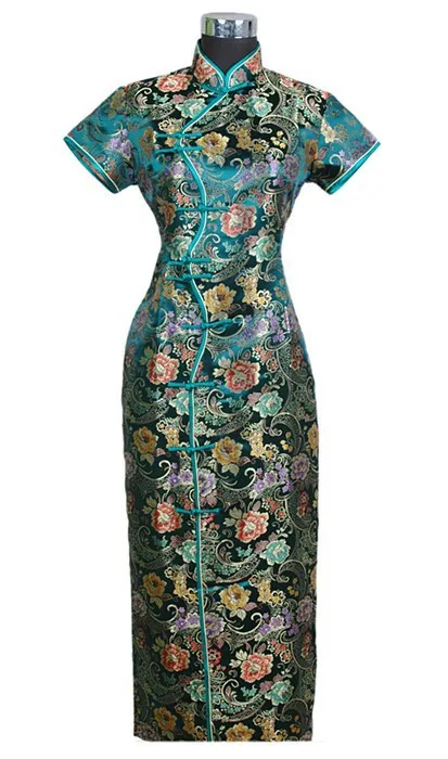 Традиционный черный китайское платье Mujer Vestido Для женщин длинный атласный Cheongsam Qipao Одежда Цветок размеры s m l xl XXL, XXXL J0024