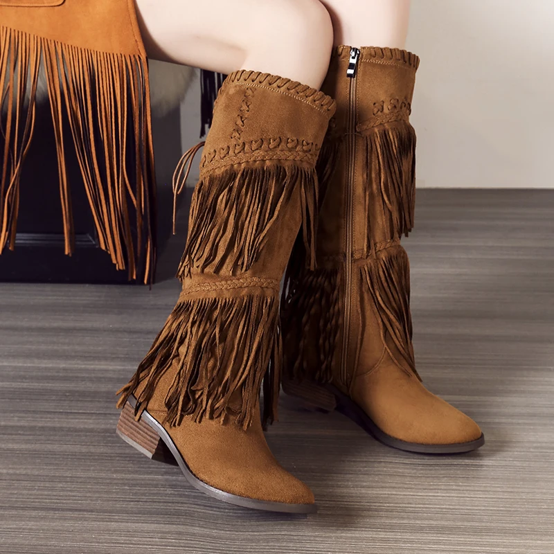 

Women's Fringe Knee High Boots Med Heel Genuine Suede Leather Boots Winter Warm Plush High Boots New Sexy Shoes for Women Sale