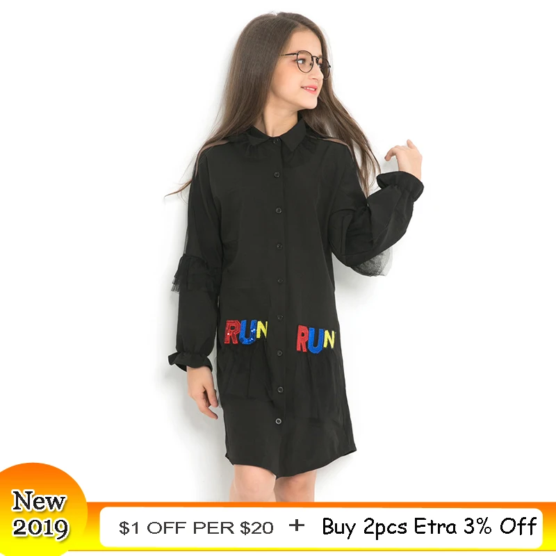 Весеннее платье с длинными рукавами для девочек-подростков Черное Шифоновое