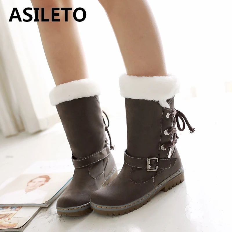 ASILETO women boots female winter snow retro buckle lace up shoes woman botas mujer footwear warm mid-calf boot S677 | Обувь