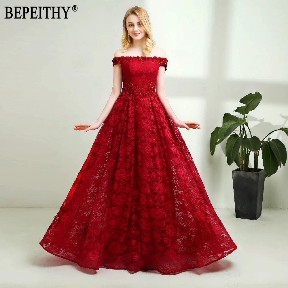 BEPEITHY Новое поступление vestido de festa вырез лодочка, аппликация кружева Длинные Бордовые Красные кружевные вечерние платья