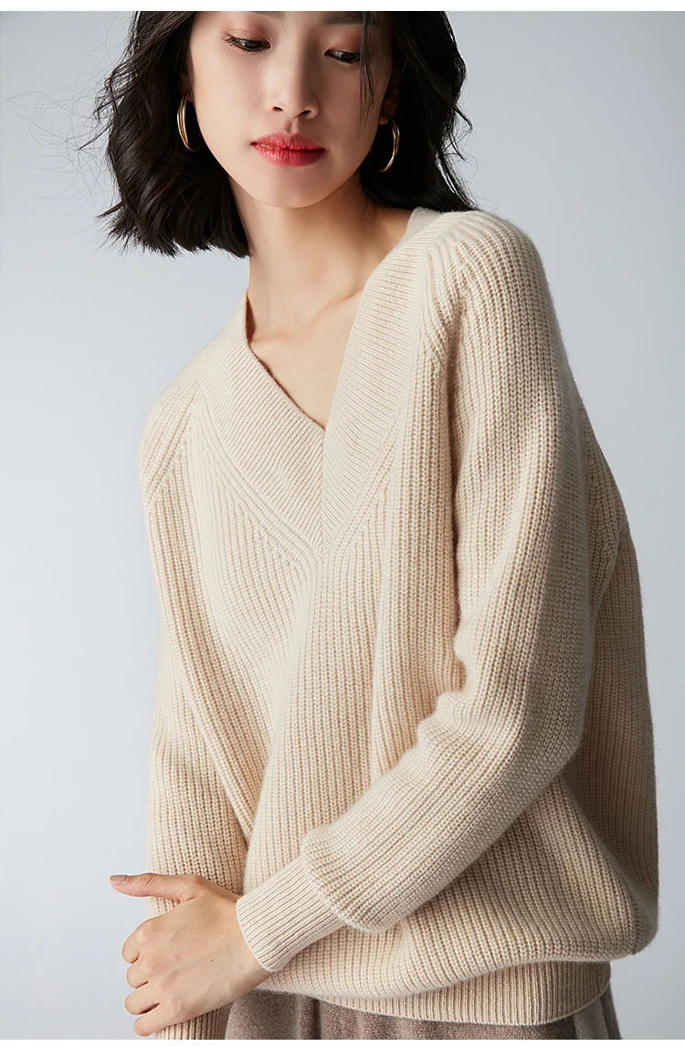 Женский кашемировый свитер свободный трикотажный топ с v-образным вырезом и