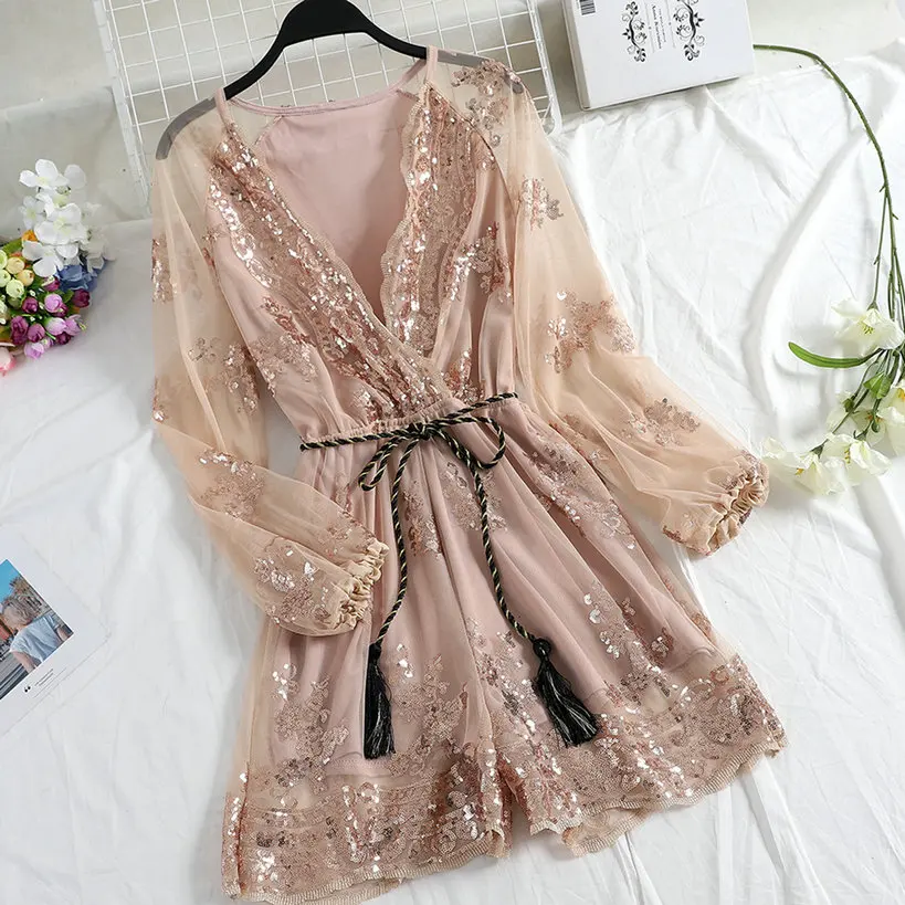 Женский сетчатый комбинезон с блестками и глубоким V образным вырезом пляжный