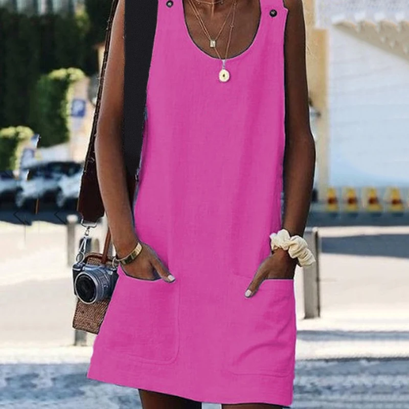 Платье мини женское с карманами Модный повседневный прямой свободный сарафан на