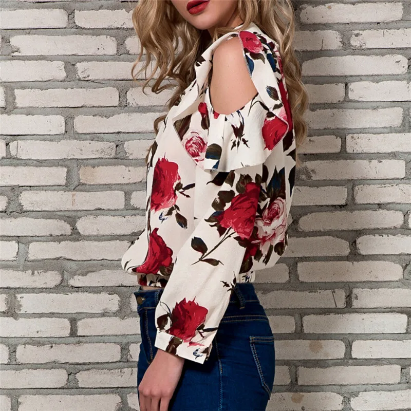 hirigini Fashion Office Lady Tops Ruffle Floral Blouses 2018 New Women Casual long Puff Sleeve Frill Trim Calico Print Blouse | Женская
