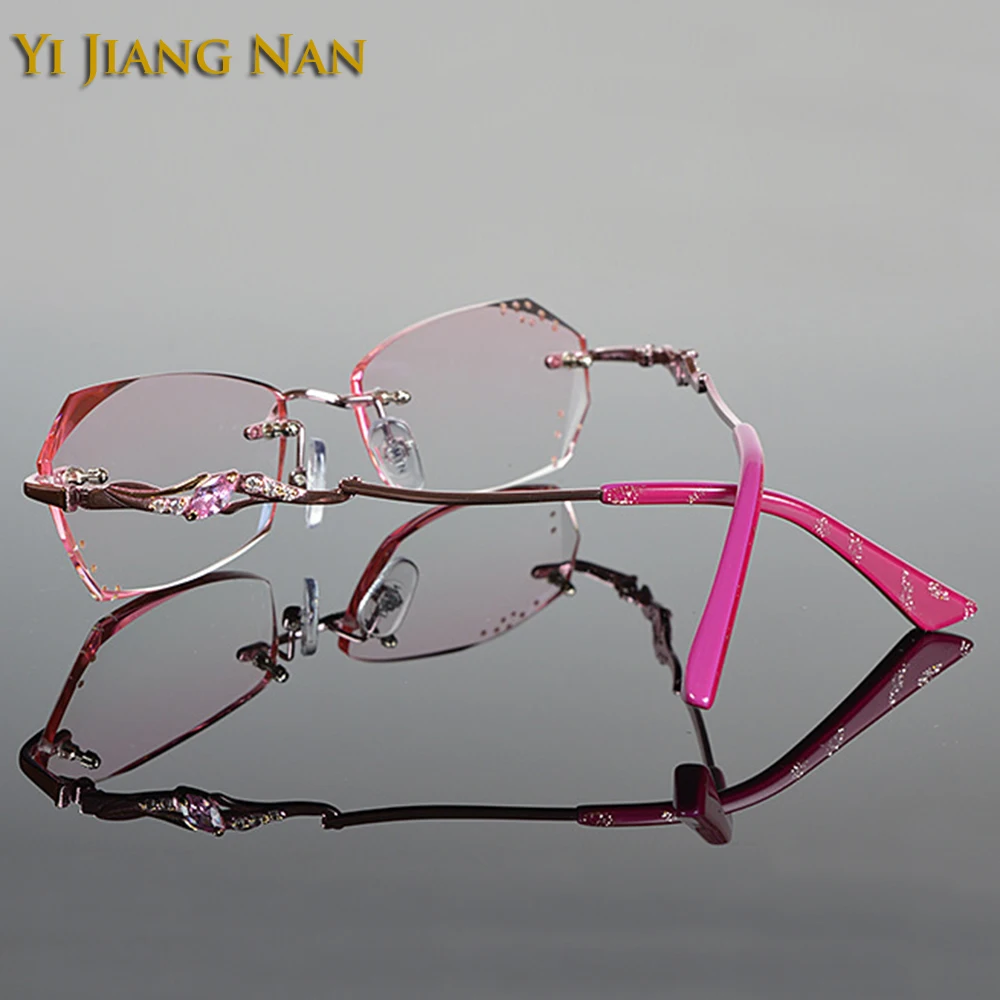 Женские титановые очки со стразами синие линзы без оправы с затемненными