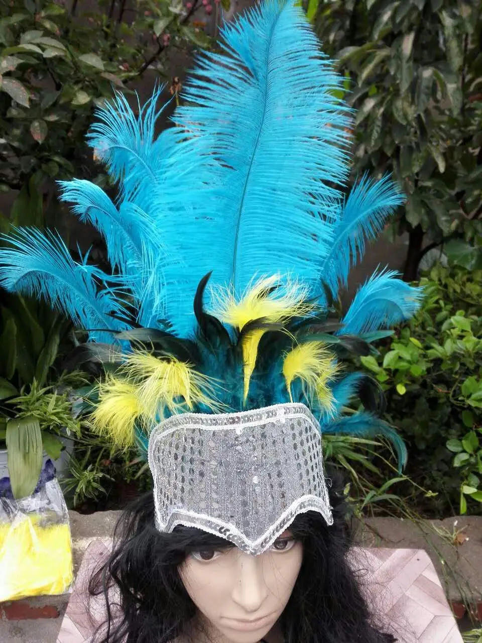 Бирюзовый головной убор Showgirl с открытым лицом страусиное перо серебряными