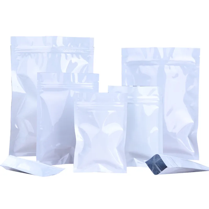 Оптовая продажа 100 шт. глянцевая белая Фольга с замком-молнией упаковочный пакет