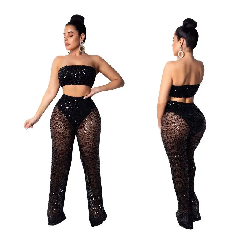 Эффектный Модный повседневный комплект из сетчатого топа с кружевом и блестками