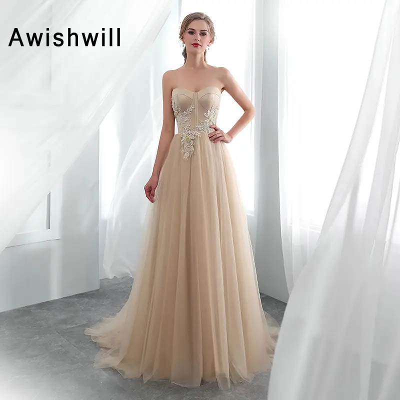 2020 Vestido De Festa Champagne Long Evening Dress Beads Satin Tulle Cheap Prom Dresses Abendkleider Formal Gown Real Sample | Свадьбы и