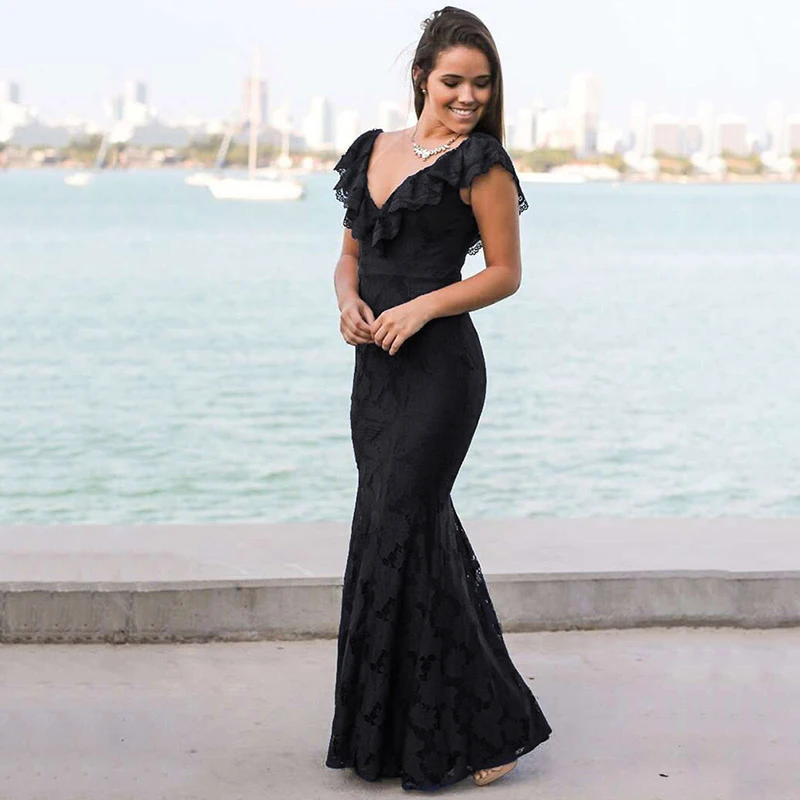 Ruiyige 2018 Для женщин пикантные однотонные Кружево спинки макси платье летних