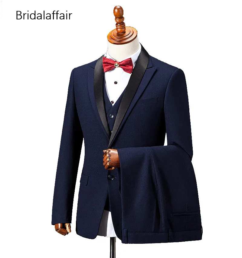 Bridalaffair, модные мужские костюмы, выпускной, Свадебный костюм жениха, 3 шт.(пиджак+ брюки+ жилет), темно-синий, приталенный, формальный, роскошный мужской смокинг