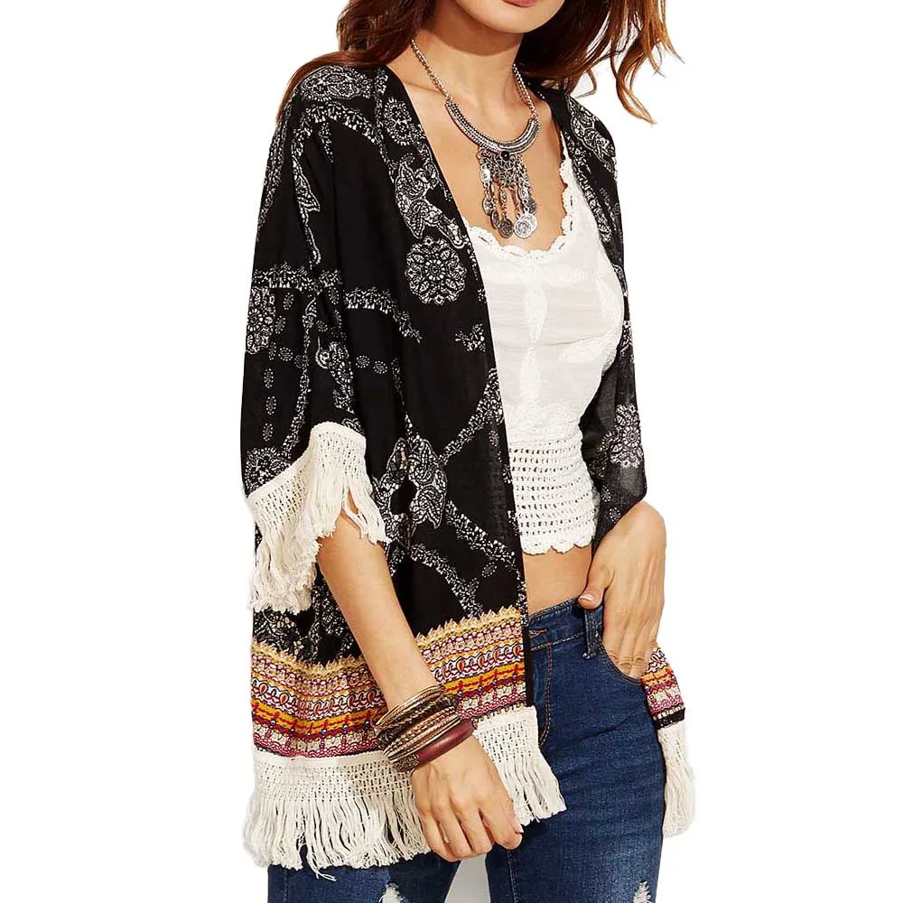 Женское кимоно с принтом Пляжная блузка кисточками свободный праздничный