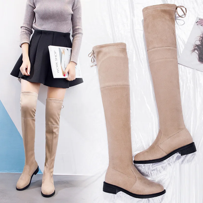 Med Slip-On Fashion Women Over-the-Knee Boots Flock Round Toe Sewing Long Thigh Solid Platform Square Heel Winter Shoes | Обувь