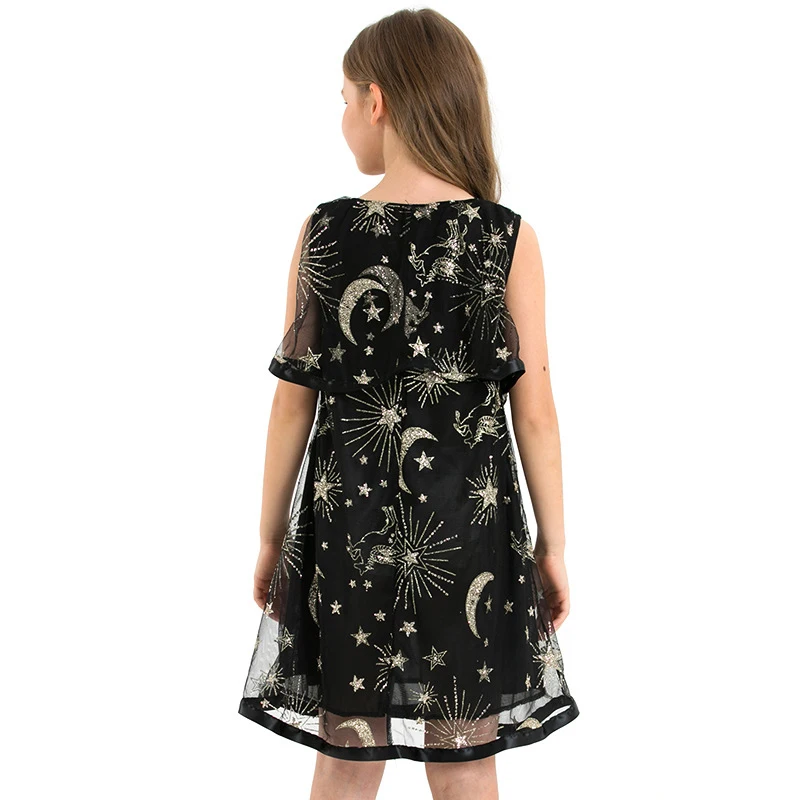 2019 New Girls Dress Summer Voile Teens Costume Black Sequined Star Moon Teenage Princess Outfits for 10 11 12 14 Years | Детская одежда