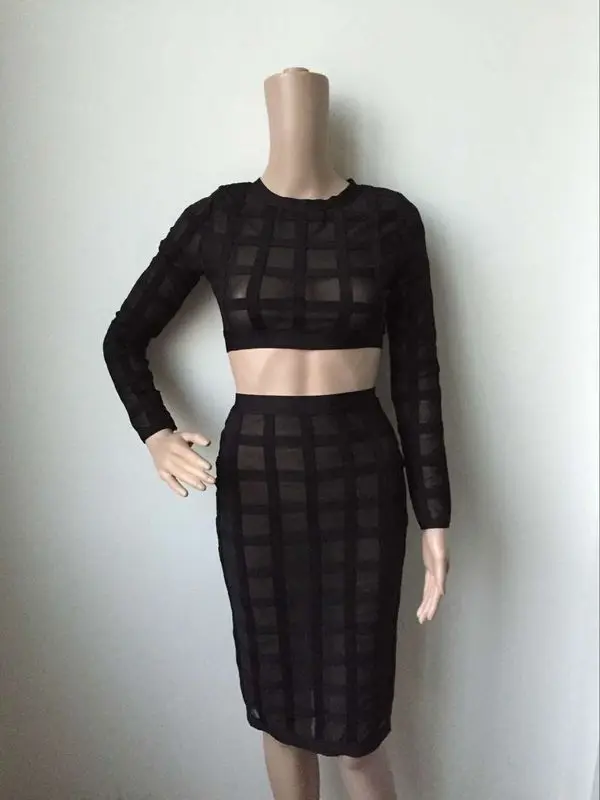 Новейший Высококачественный комплект из 2 предметов, клетчатое платье телесного цвета с сеткой, длина до колен, Бандажное платье, облегающая одежда для клуба, платье