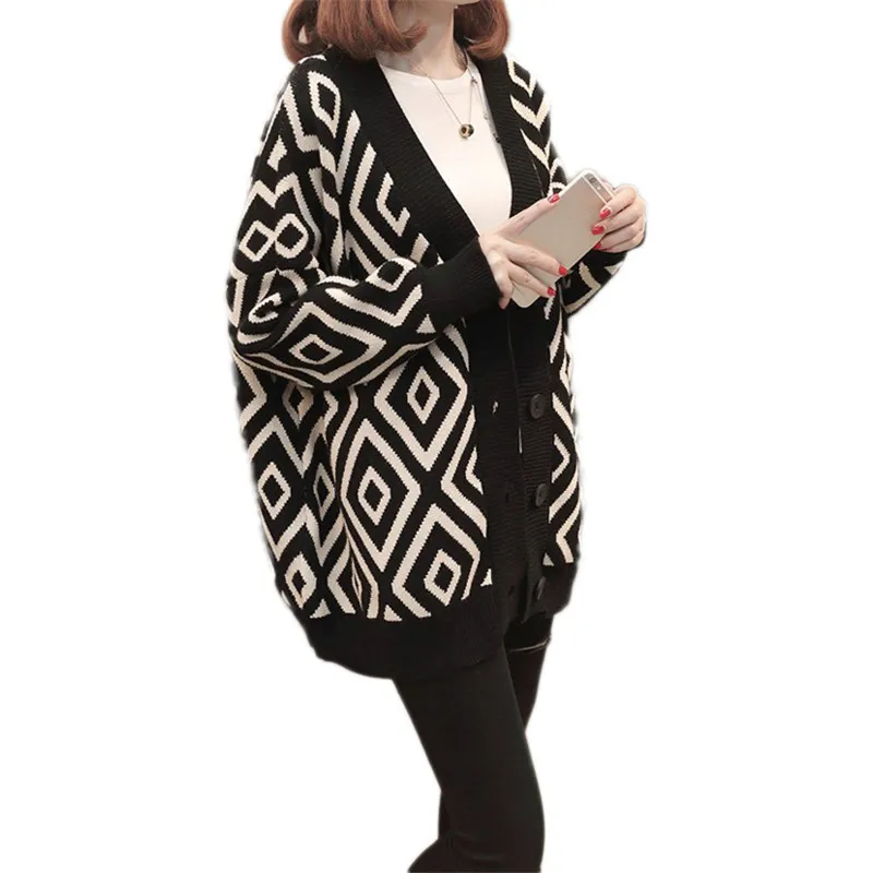 2019 Spring New Women Knitted Cardigan Casual Fashion Sweater Loose Diamond Lattice Knitwear Autumn Elegant Coat Lj334 |