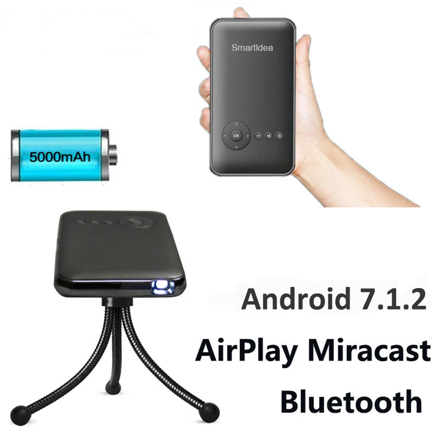 SmartIdea Android 7.1.2 5000 мАч ручной светодиодный мини-проектор, Wi-Fi, Bluetooth, DLP, 1080 P, проектор с поддержкой AirPlay Miracast AC3