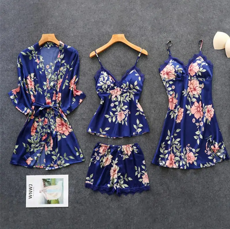 Style 2 Пижамы для женщин с принтом, 4 шт., пижамный комплект из вискозы, атласная пижама с шортами, Сексуальная кружевная Пижама, домашняя одежда - Цвет: Style 2