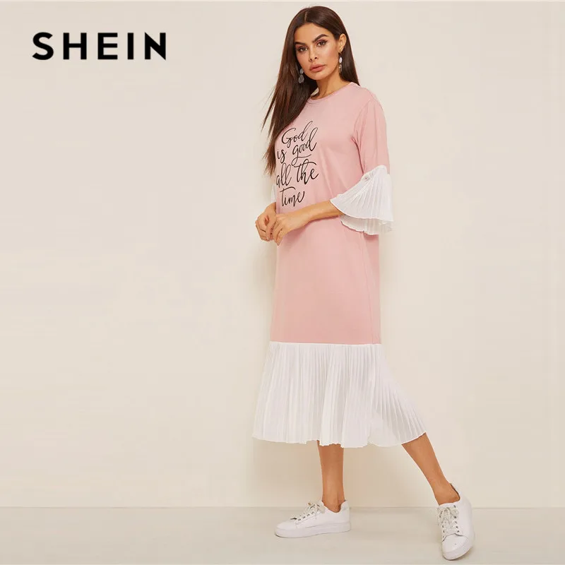 SHEIN летнее платье-хиджаб со слоганом и плиссировкой, женское повседневное свободное платье миди с рукавами-воланами, розовое длинное платье с коротким рукавом