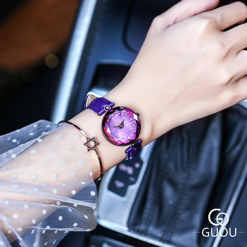 GUOU элегантные кварцевые часы для женщин с кожаным ремешком 13 мм циркония женские