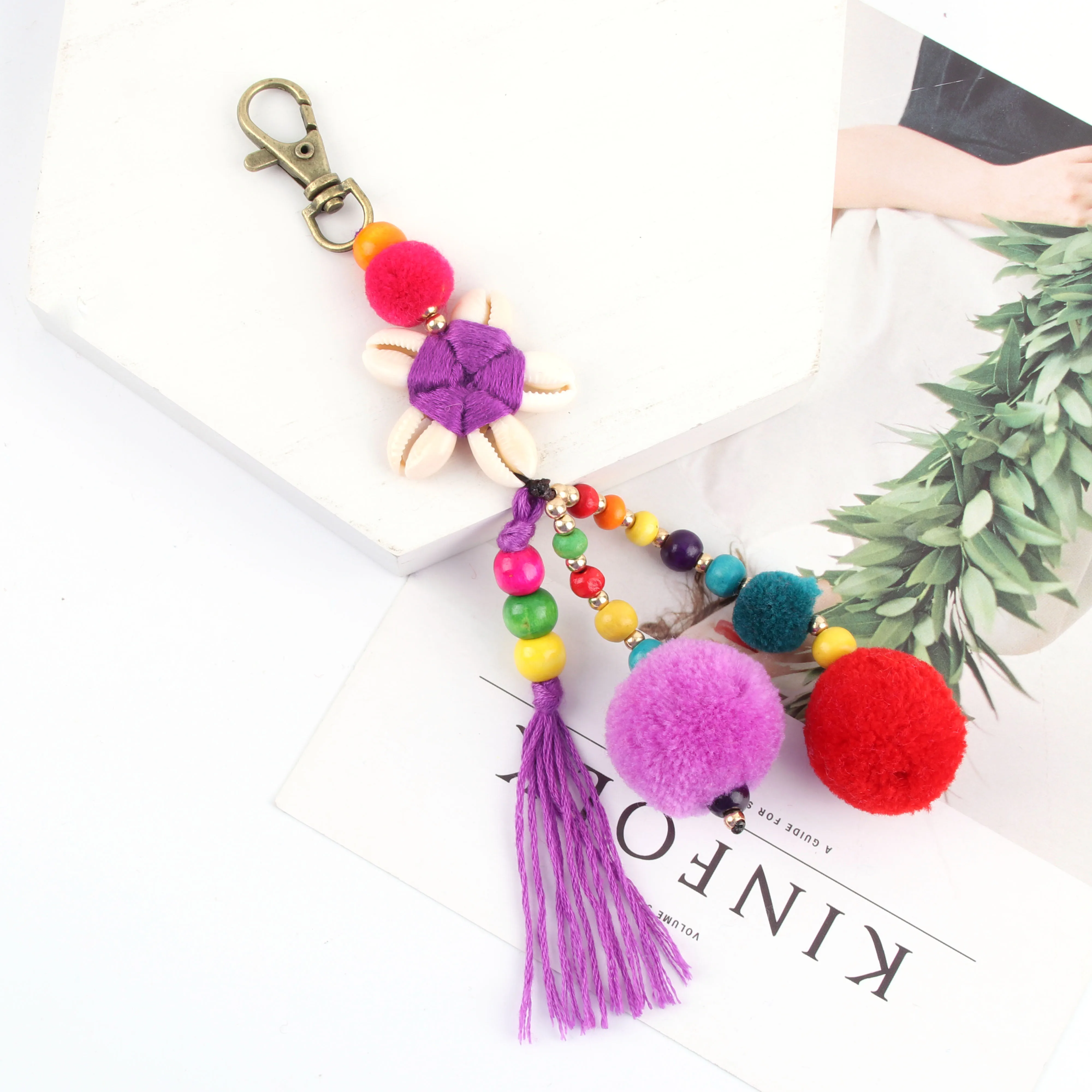 1 шт. богемский Бохо натр ракушка помпон брелок для ключей с кисточкой endant Ball