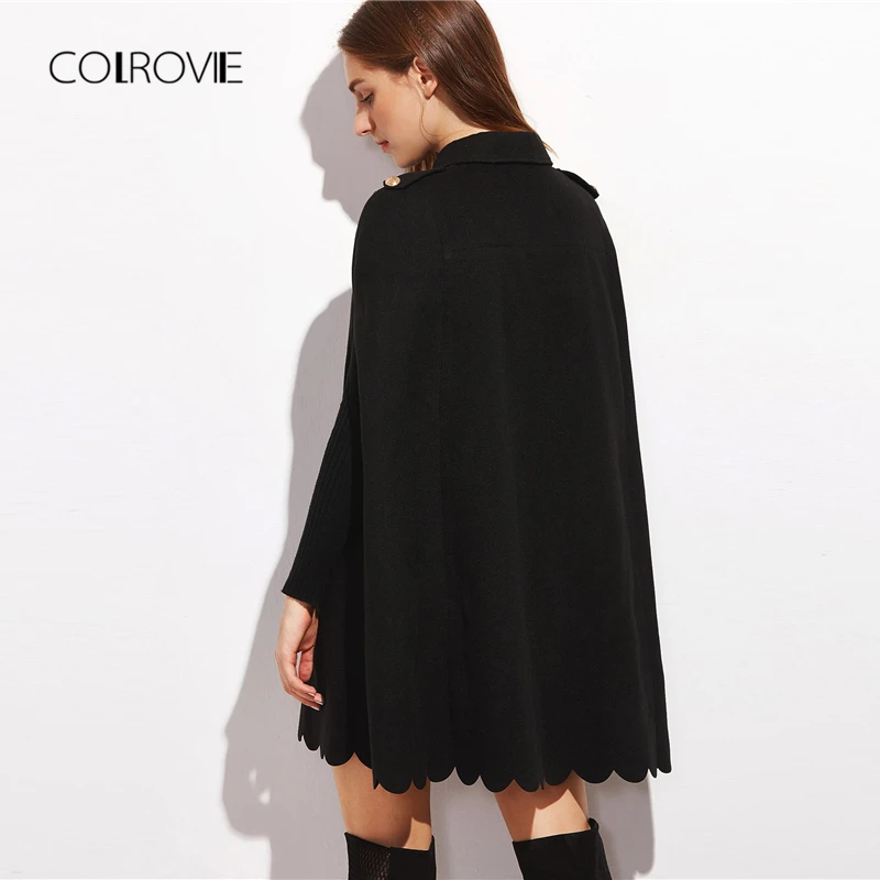 COLROVIE черная накидка с гребешком, Офисная элегантная накидка для девочек, Женское пальто, корейская мода, теплая зимняя куртка, женская сексуальная верхняя одежда
