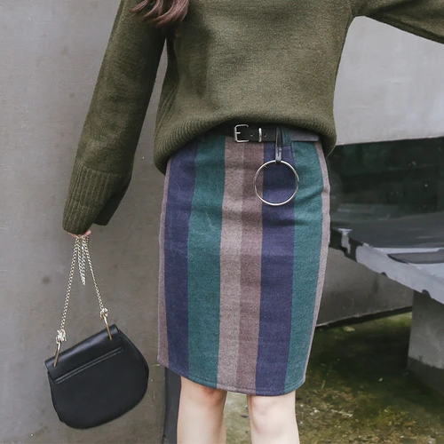 Wnter Skirt Women 2017 England Style Vintage Colorful Striped Slim High Waist Pencil Free Belt faldas mujer B198 | Женская одежда