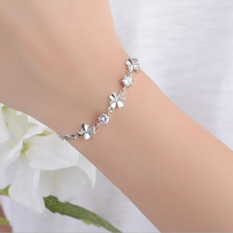 

LUKENI New Fashion 925 Sterling Silver Women Bracelets Jewelry Top Quality Crystal Clover Female Anklets For Girl Party Bijou