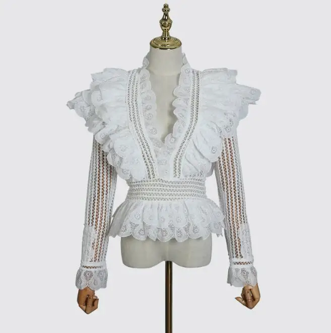 Женская ажурная рубашка с V образным вырезом и оборками|Рубашки| |