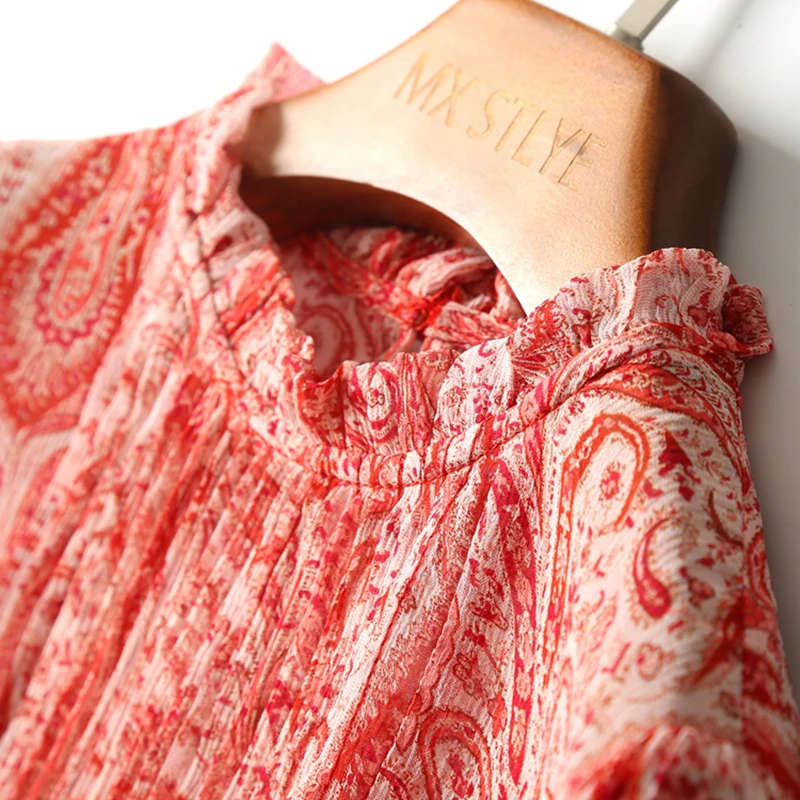 Женская блузка из 100% шелка с принтом пейсли плиссированный пуловер круглым