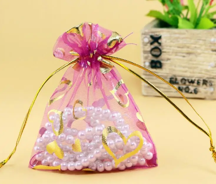 

7x9cm/9X12cm/11x16cm Birthday Decorations Kids Supplies Random Mixed Bronzing Heart Drawable Organza Gift Bags & Pouches
