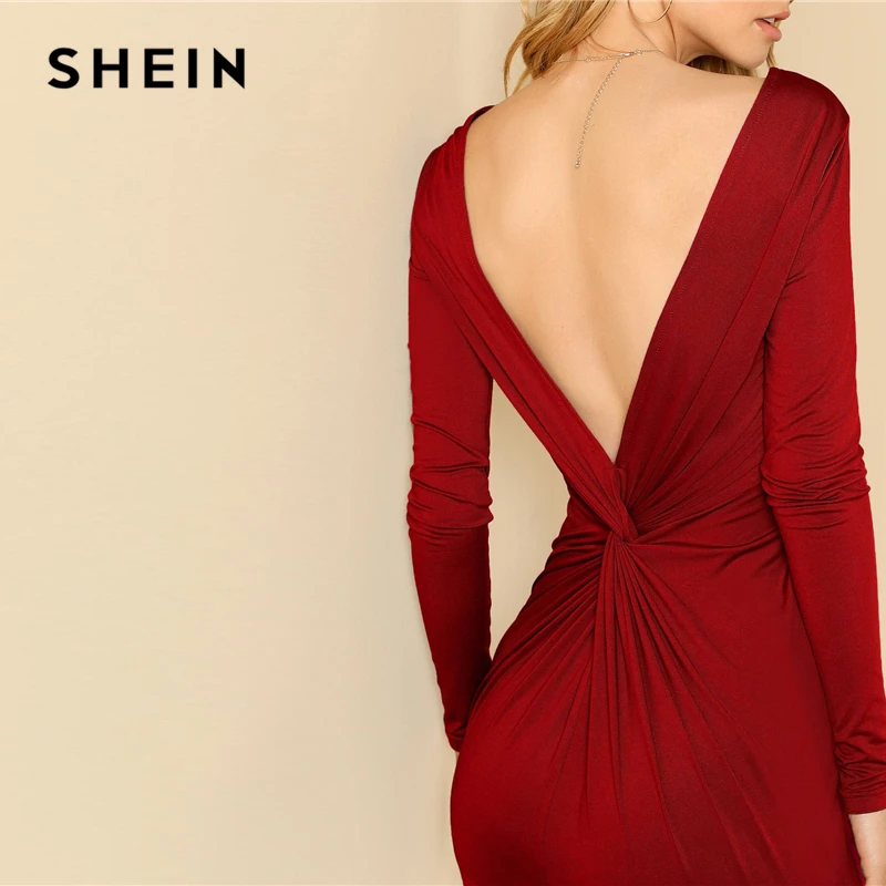 SHEIN Облегающее Платье С V-Образным Вырезом И Длинным Рукавом Вечернее Платье С Открытой Спиной